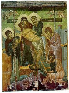 14th century Byzantine Icon of the Descent from the Cross from the Church of Saint Marina in Kalopanagiotis, Cyprus. St. Joseph of Arimathea is the figure standing in the center, in blue-green robes holding the Body of Christ.
